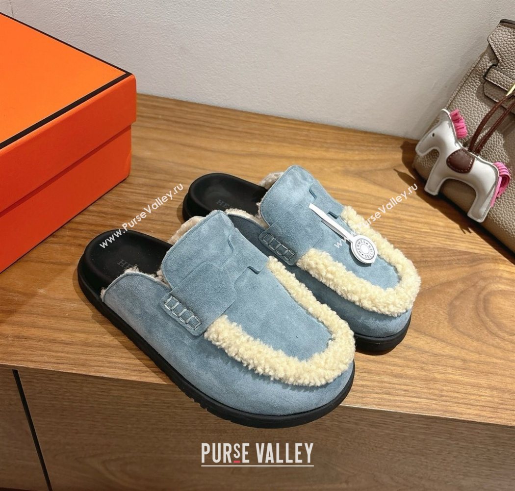 Hermes Go Flat Loafers in Suede and Wool with H Strap Blue 2025 1023 (XC-251023018)
