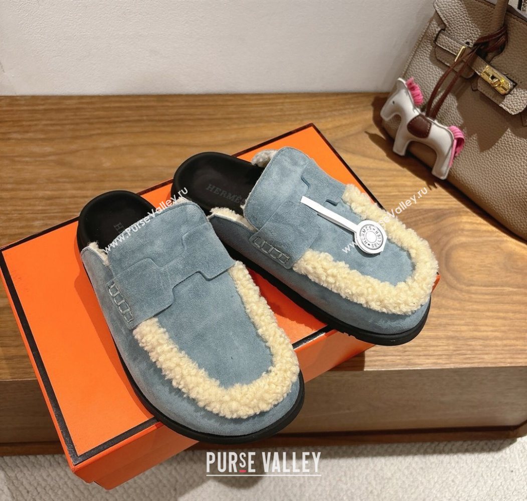 Hermes Go Flat Loafers in Suede and Wool with H Strap Blue 2025 1023 (XC-251023018)