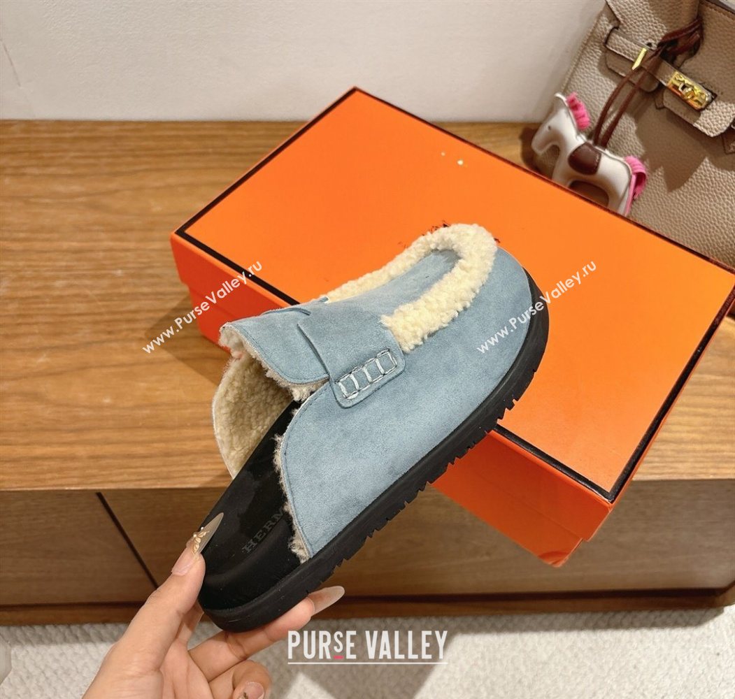 Hermes Go Flat Loafers in Suede and Wool with H Strap Blue 2025 1023 (XC-251023018)