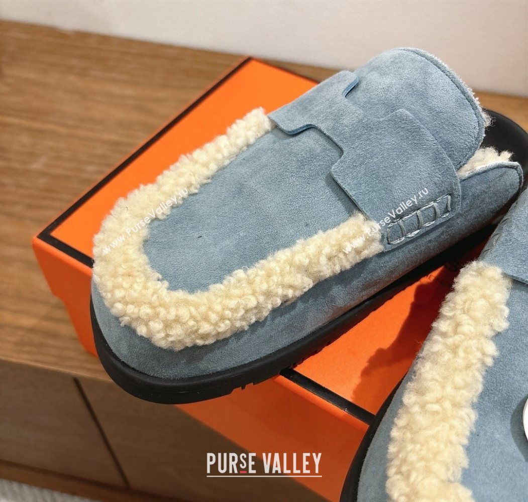 Hermes Go Flat Loafers in Suede and Wool with H Strap Blue 2025 1023 (XC-251023018)