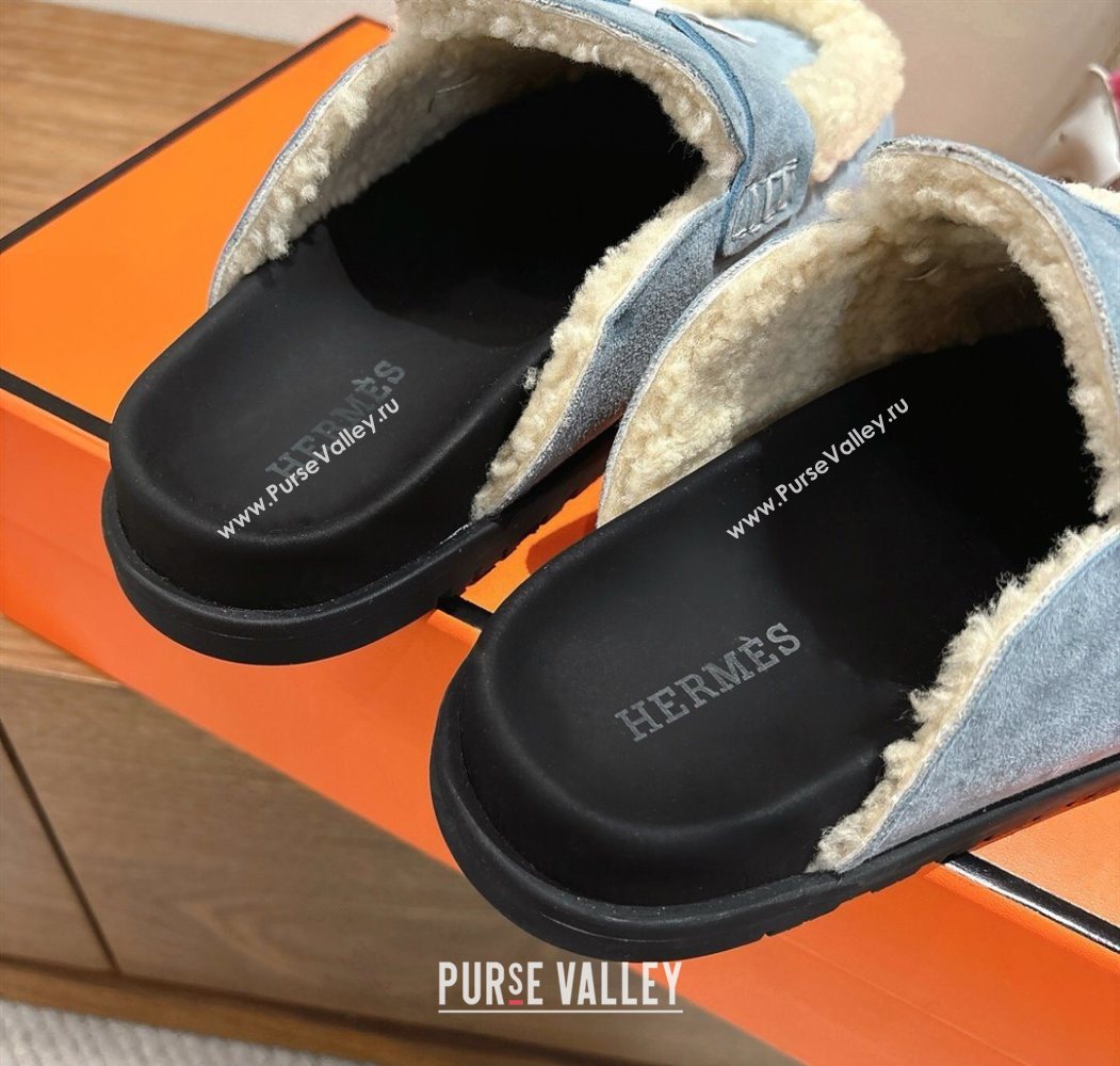 Hermes Go Flat Loafers in Suede and Wool with H Strap Blue 2025 1023 (XC-251023018)