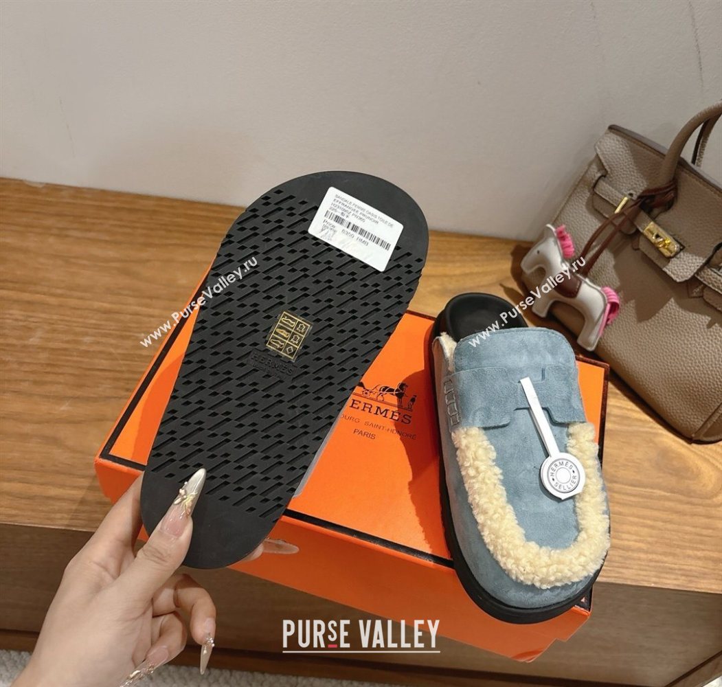 Hermes Go Flat Loafers in Suede and Wool with H Strap Blue 2025 1023 (XC-251023018)