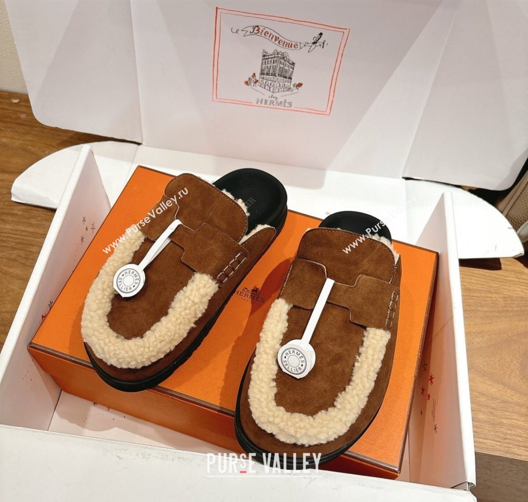 Hermes Go Flat Loafers in Suede and Wool with H Strap Dark Brown 2025 1023 (XC-251023020)