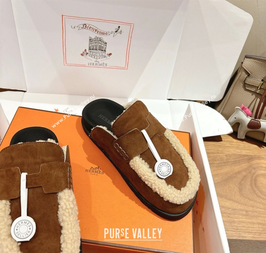 Hermes Go Flat Loafers in Suede and Wool with H Strap Dark Brown 2025 1023 (XC-251023020)