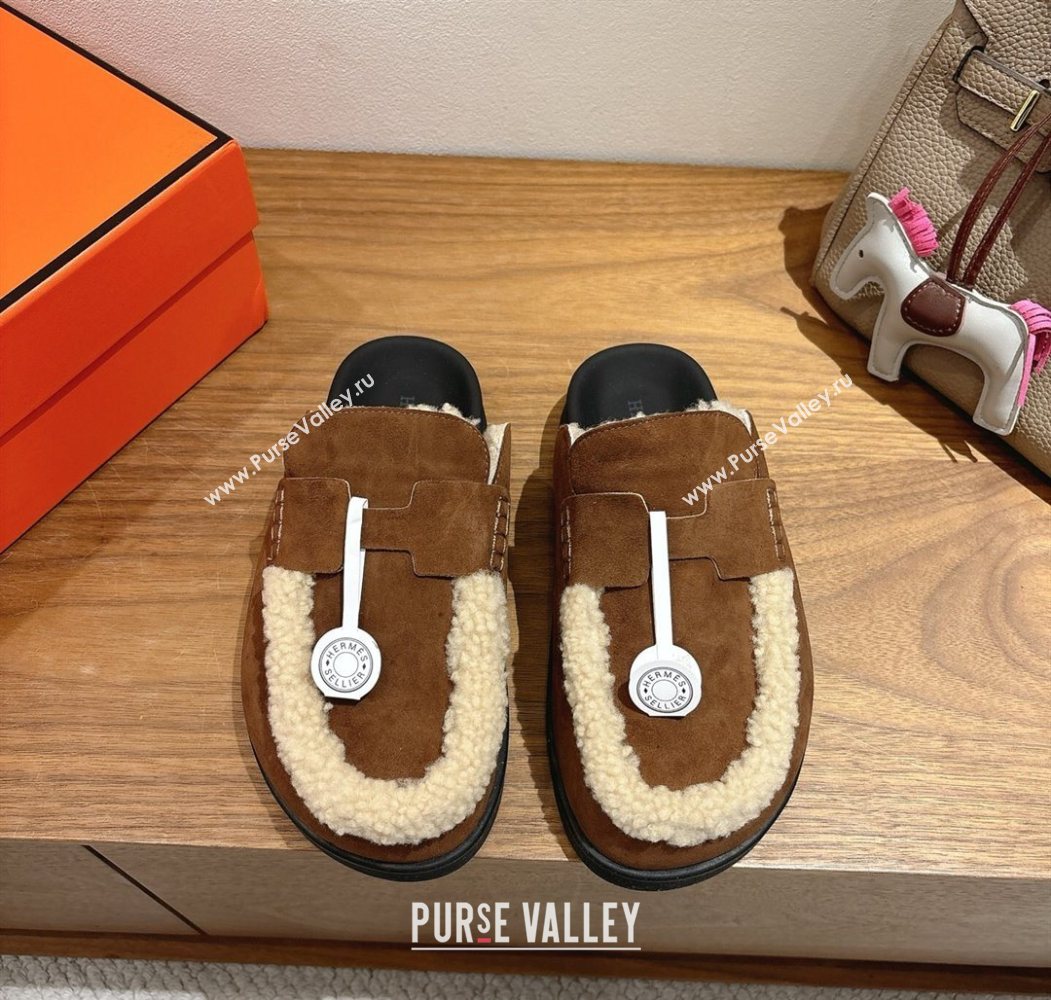 Hermes Go Flat Loafers in Suede and Wool with H Strap Dark Brown 2025 1023 (XC-251023020)