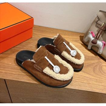 Hermes Go Flat Loafers in Suede and Wool with H Strap Dark Brown 2025 1023 (XC-251023020)