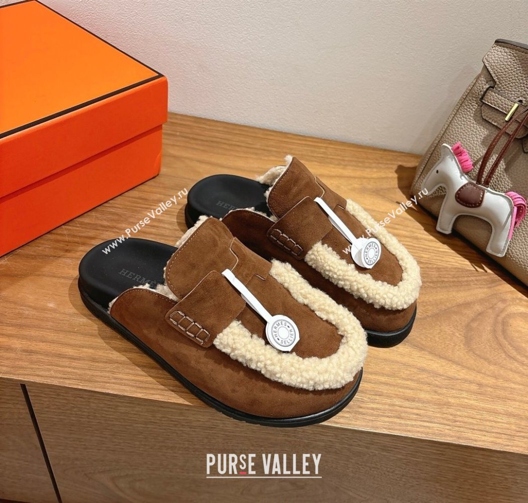 Hermes Go Flat Loafers in Suede and Wool with H Strap Dark Brown 2025 1023 (XC-251023020)