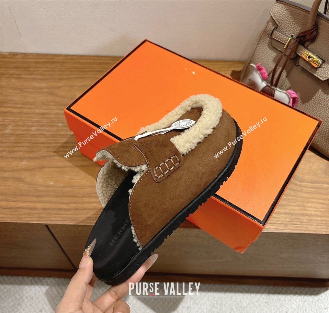 Hermes Go Flat Loafers in Suede and Wool with H Strap Dark Brown 2025 1023 (XC-251023020)