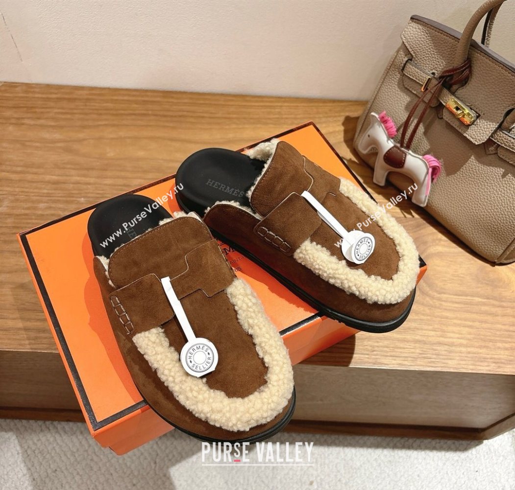 Hermes Go Flat Loafers in Suede and Wool with H Strap Dark Brown 2025 1023 (XC-251023020)