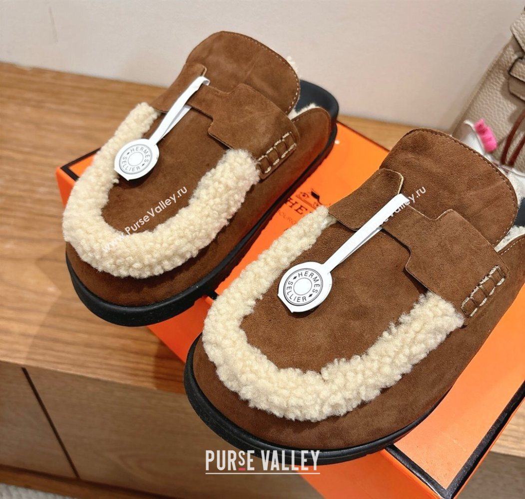 Hermes Go Flat Loafers in Suede and Wool with H Strap Dark Brown 2025 1023 (XC-251023020)