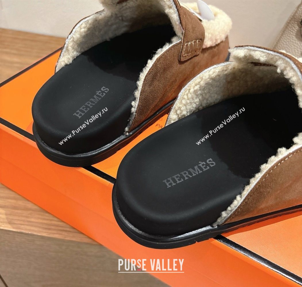 Hermes Go Flat Loafers in Suede and Wool with H Strap Dark Brown 2025 1023 (XC-251023020)