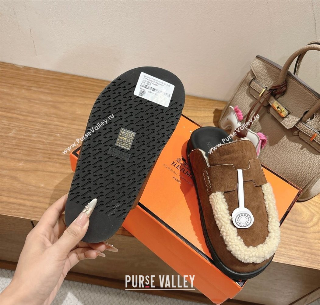 Hermes Go Flat Loafers in Suede and Wool with H Strap Dark Brown 2025 1023 (XC-251023020)