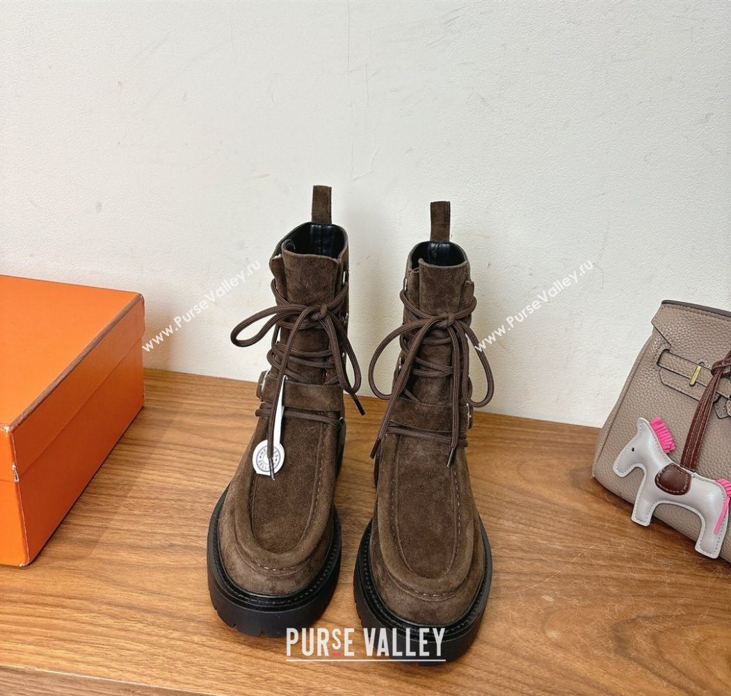 Hermes Land Biker Laced-up Ankle Boots in Suede with Buckle Strap Dark Brown 2025 (XC-251023042)