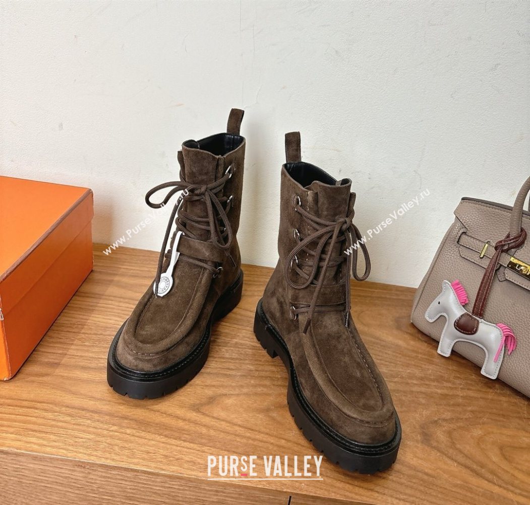 Hermes Land Biker Laced-up Ankle Boots in Suede with Buckle Strap Dark Brown 2025 (XC-251023042)