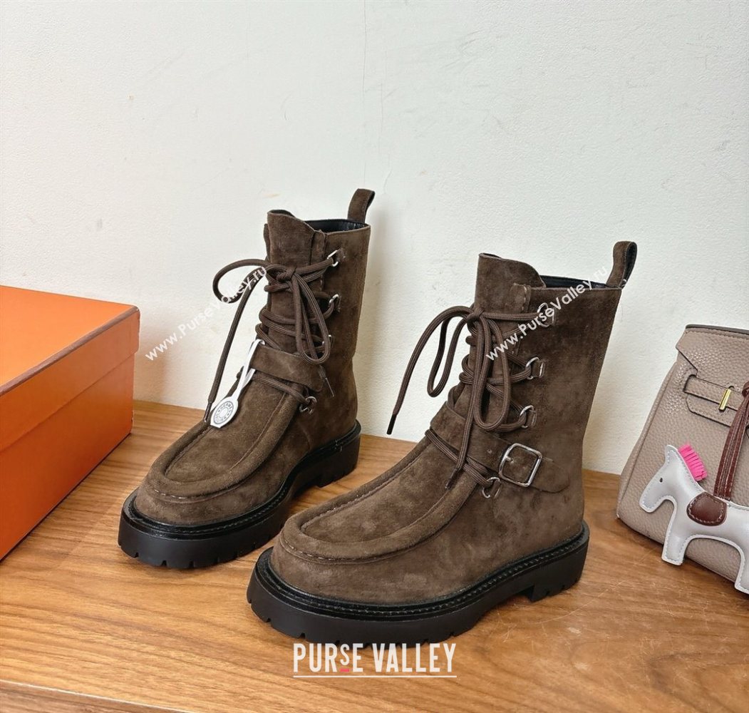 Hermes Land Biker Laced-up Ankle Boots in Suede with Buckle Strap Dark Brown 2025 (XC-251023042)