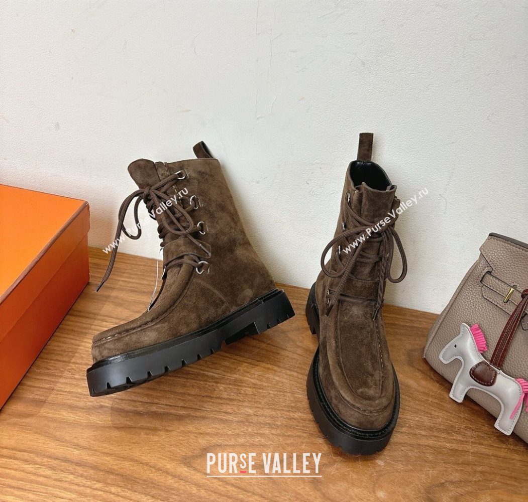 Hermes Land Biker Laced-up Ankle Boots in Suede with Buckle Strap Dark Brown 2025 (XC-251023042)