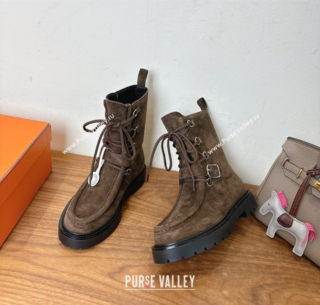 Hermes Land Biker Laced-up Ankle Boots in Suede with Buckle Strap Dark Brown 2025 (XC-251023042)