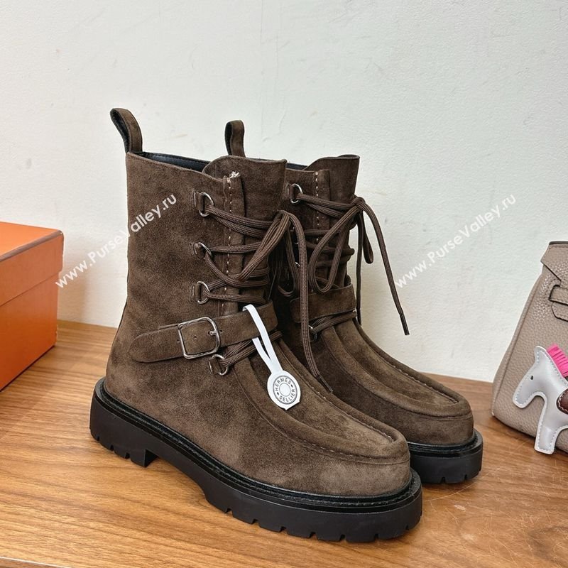 Hermes Land Biker Laced-up Ankle Boots in Suede with Buckle Strap Dark Brown 2025 (XC-251023042)