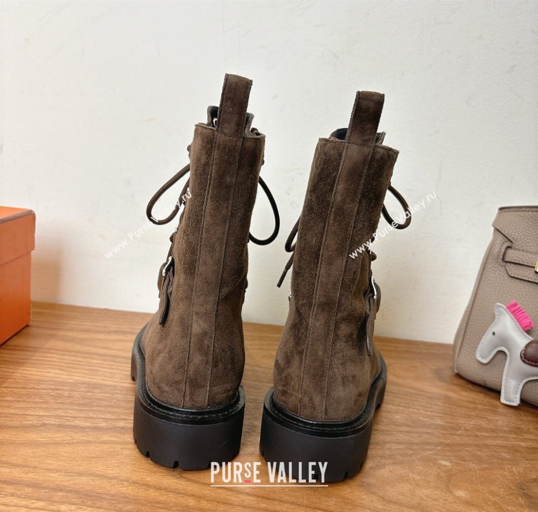 Hermes Land Biker Laced-up Ankle Boots in Suede with Buckle Strap Dark Brown 2025 (XC-251023042)
