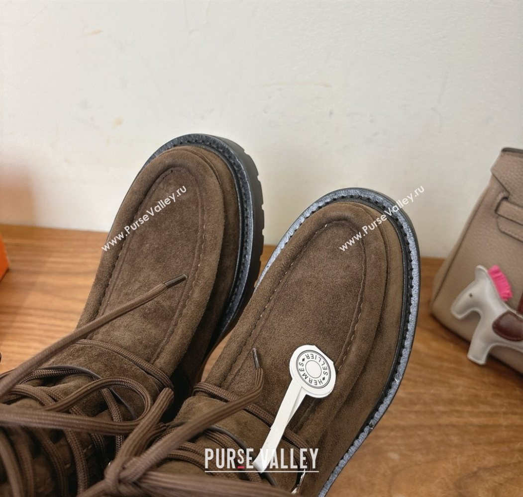 Hermes Land Biker Laced-up Ankle Boots in Suede with Buckle Strap Dark Brown 2025 (XC-251023042)