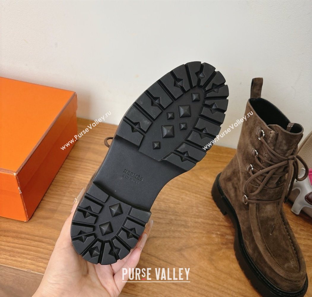 Hermes Land Biker Laced-up Ankle Boots in Suede with Buckle Strap Dark Brown 2025 (XC-251023042)