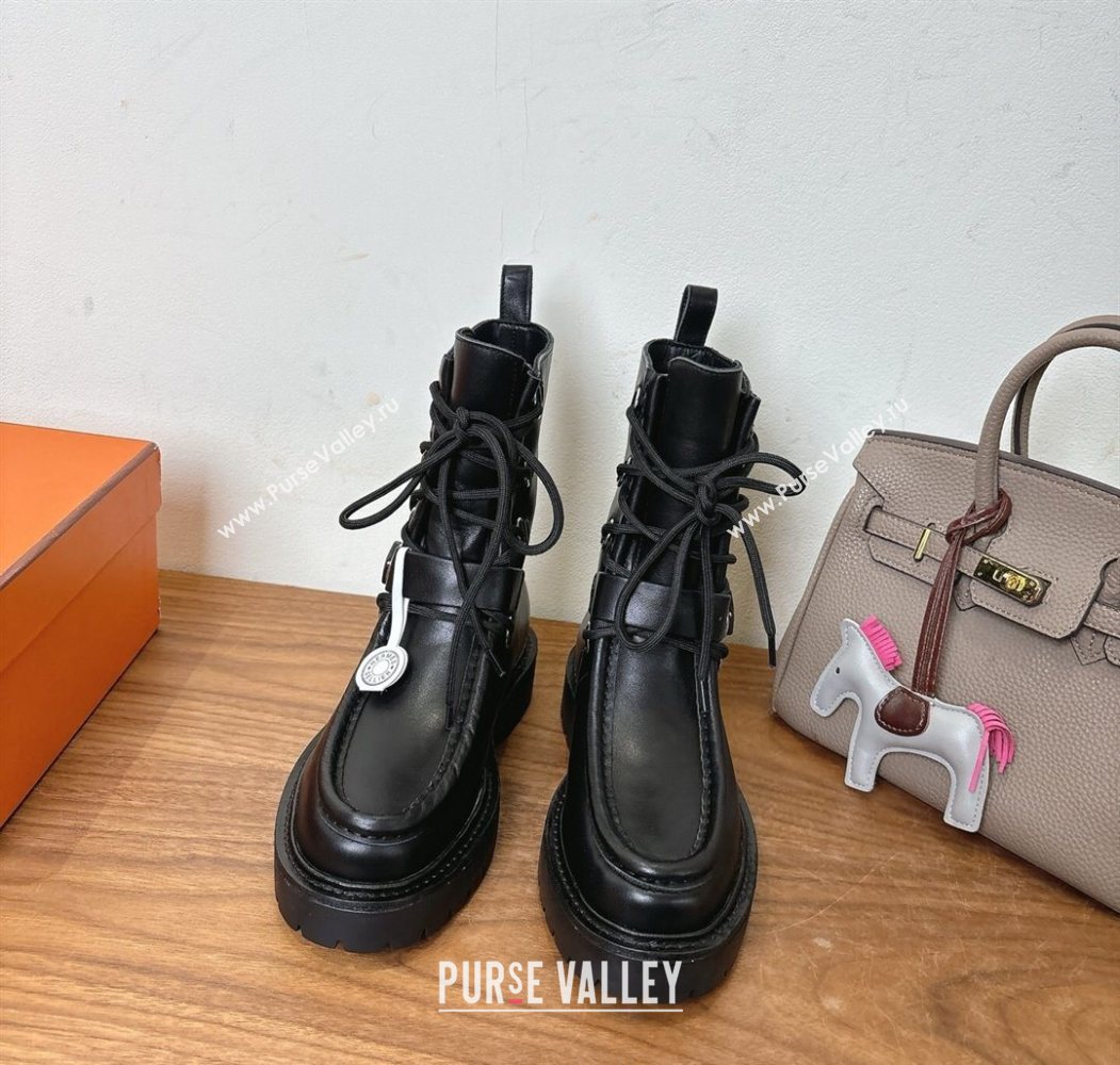 Hermes Land Biker Laced-up Ankle Boots in Calfskin Leather with Buckle Strap Black 2025 (XC-251023043)