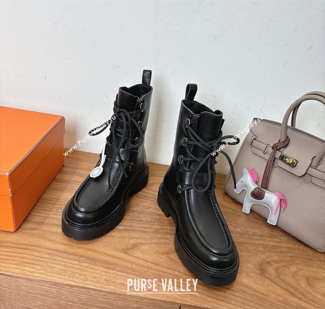 Hermes Land Biker Laced-up Ankle Boots in Calfskin Leather with Buckle Strap Black 2025 (XC-251023043)