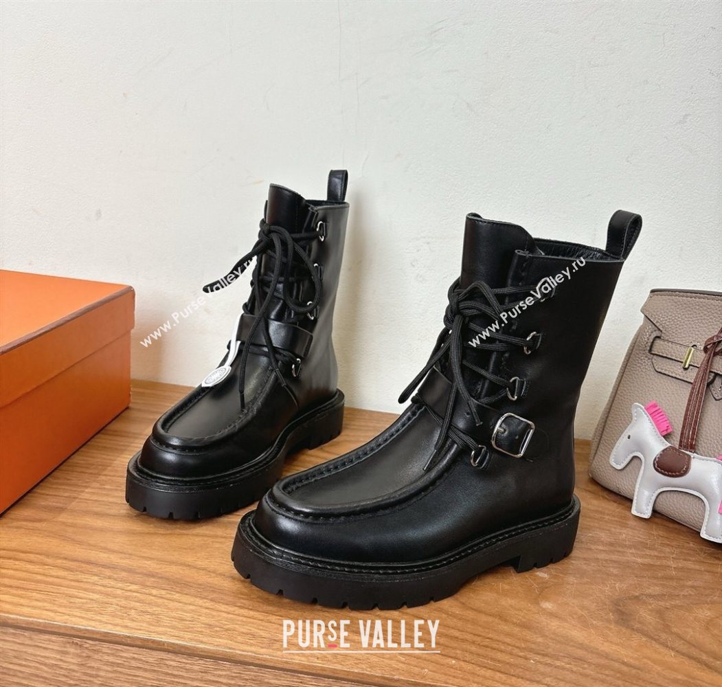 Hermes Land Biker Laced-up Ankle Boots in Calfskin Leather with Buckle Strap Black 2025 (XC-251023043)