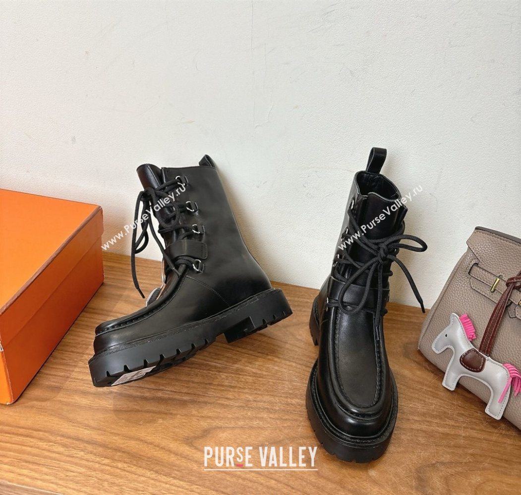 Hermes Land Biker Laced-up Ankle Boots in Calfskin Leather with Buckle Strap Black 2025 (XC-251023043)