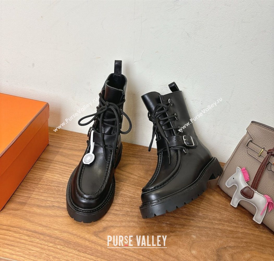 Hermes Land Biker Laced-up Ankle Boots in Calfskin Leather with Buckle Strap Black 2025 (XC-251023043)