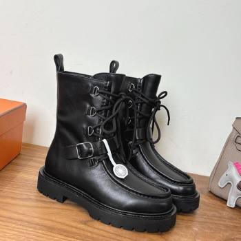 Hermes Land Biker Laced-up Ankle Boots in Calfskin Leather with Buckle Strap Black 2025 (XC-251023043)