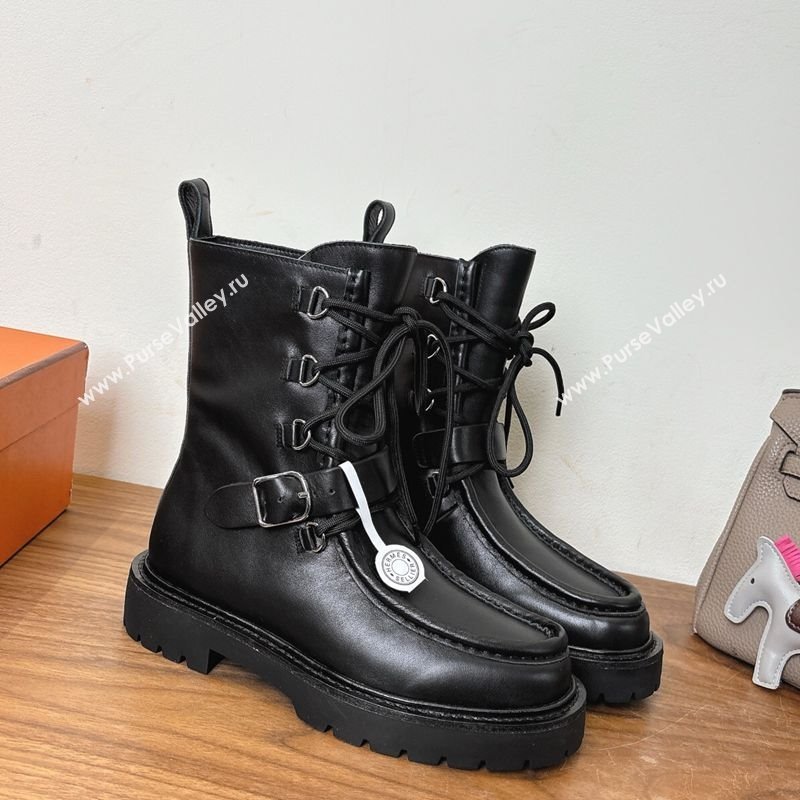Hermes Land Biker Laced-up Ankle Boots in Calfskin Leather with Buckle Strap Black 2025 (XC-251023043)