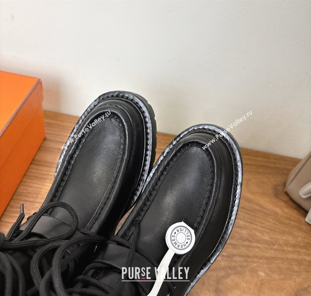 Hermes Land Biker Laced-up Ankle Boots in Calfskin Leather with Buckle Strap Black 2025 (XC-251023043)