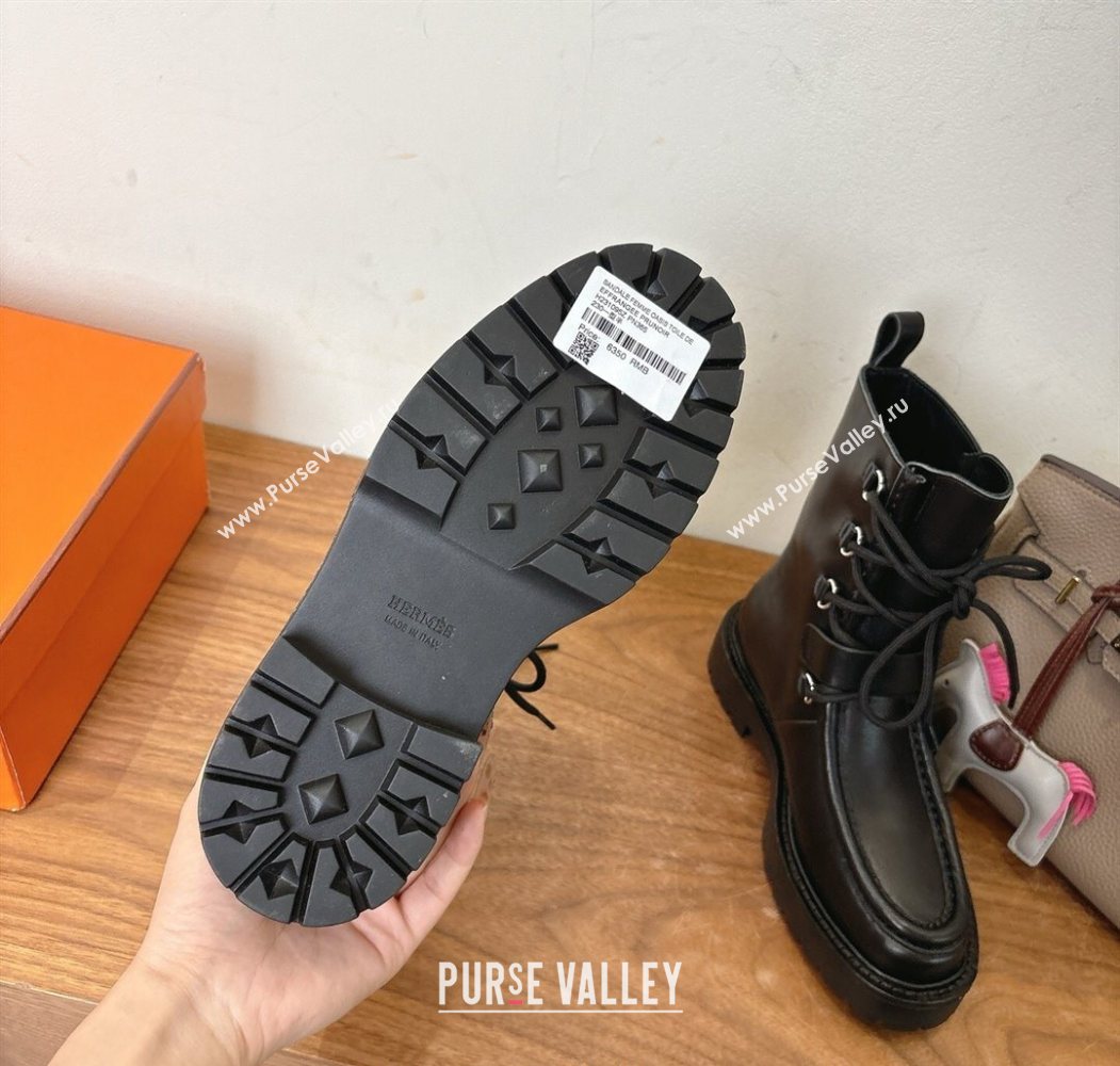 Hermes Land Biker Laced-up Ankle Boots in Calfskin Leather with Buckle Strap Black 2025 (XC-251023043)