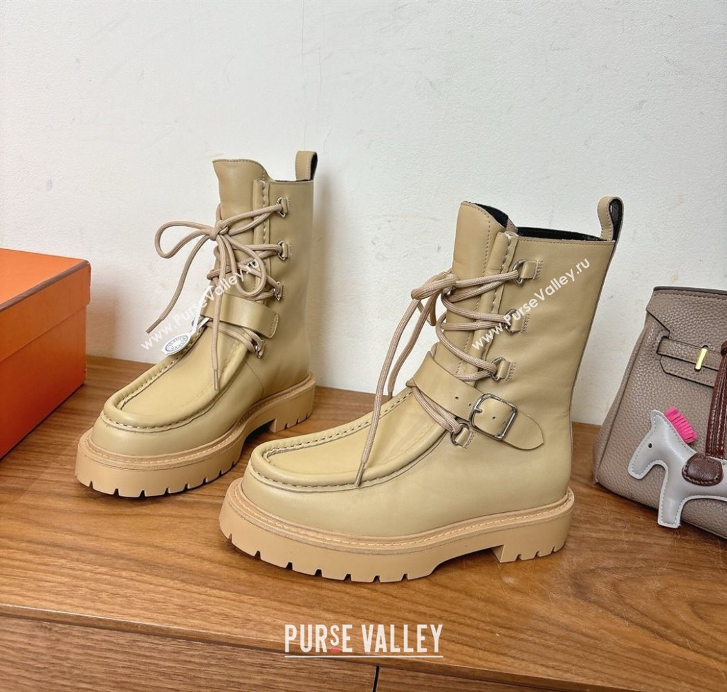Hermes Land Biker Laced-up Ankle Boots in Calfskin Leather with Buckle Strap Beige 2025 (XC-251023044)