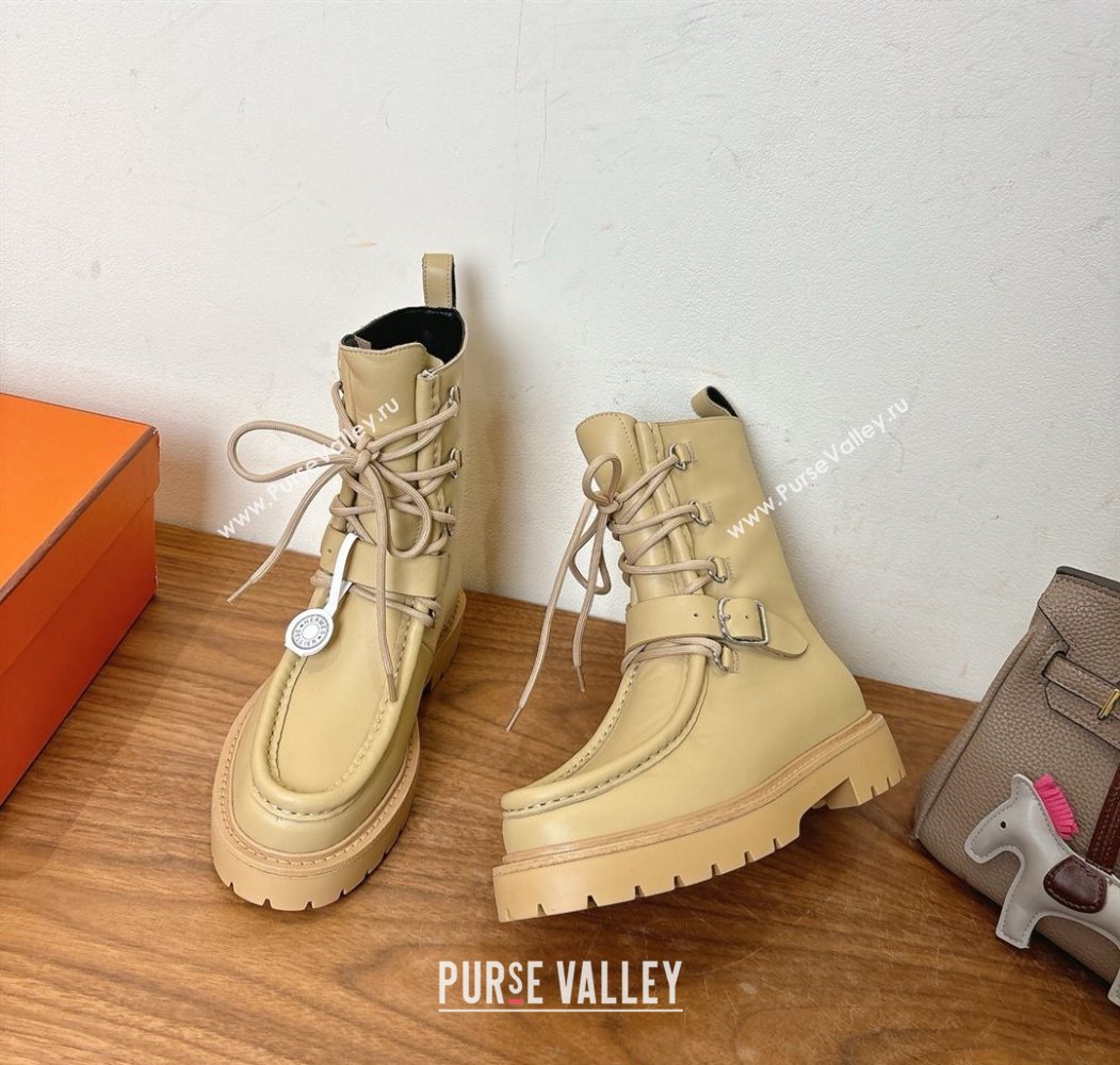 Hermes Land Biker Laced-up Ankle Boots in Calfskin Leather with Buckle Strap Beige 2025 (XC-251023044)