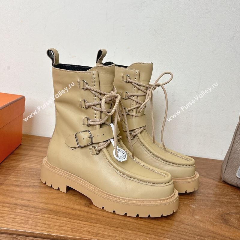 Hermes Land Biker Laced-up Ankle Boots in Calfskin Leather with Buckle Strap Beige 2025 (XC-251023044)