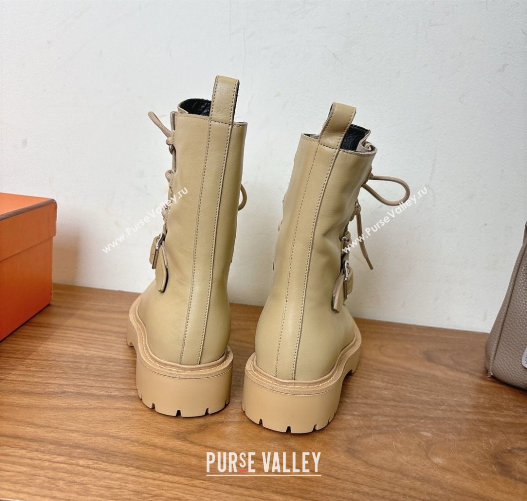Hermes Land Biker Laced-up Ankle Boots in Calfskin Leather with Buckle Strap Beige 2025 (XC-251023044)