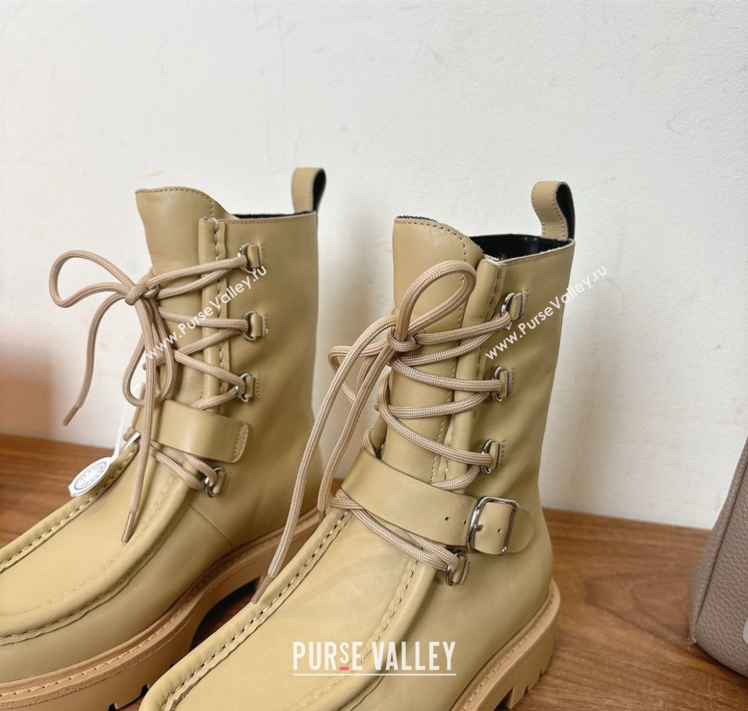 Hermes Land Biker Laced-up Ankle Boots in Calfskin Leather with Buckle Strap Beige 2025 (XC-251023044)
