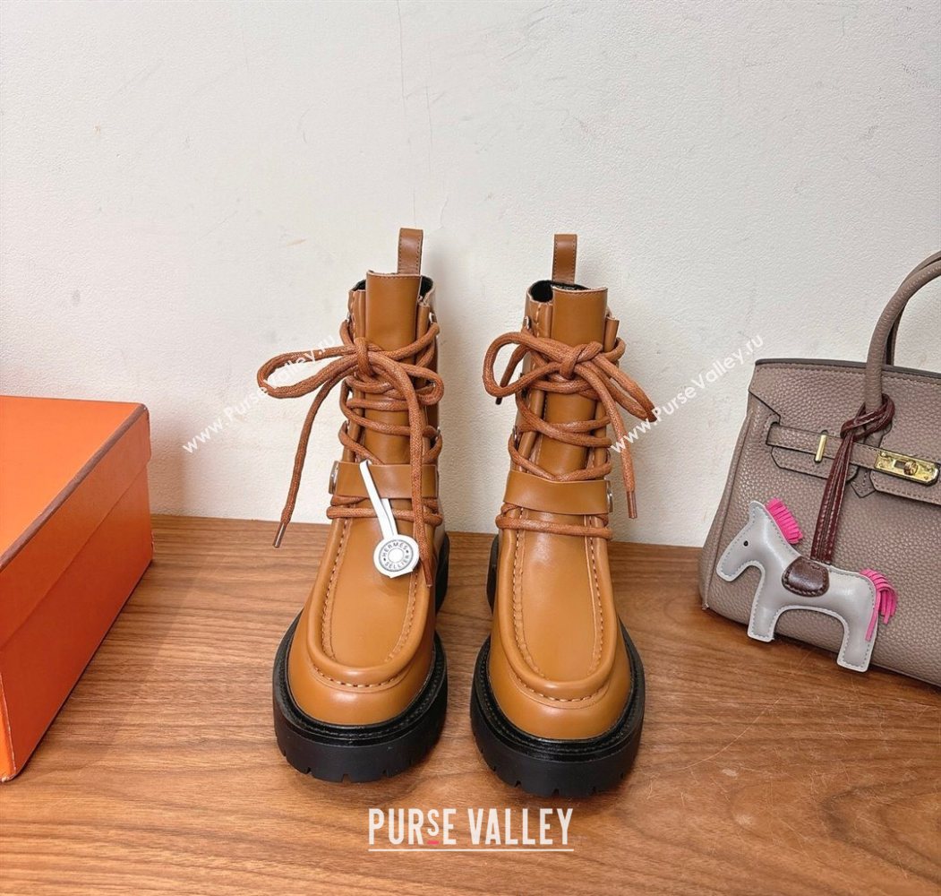 Hermes Land Biker Laced-up Ankle Boots in Calfskin Leather with Buckle Strap Brown 2025 (XC-251023045)