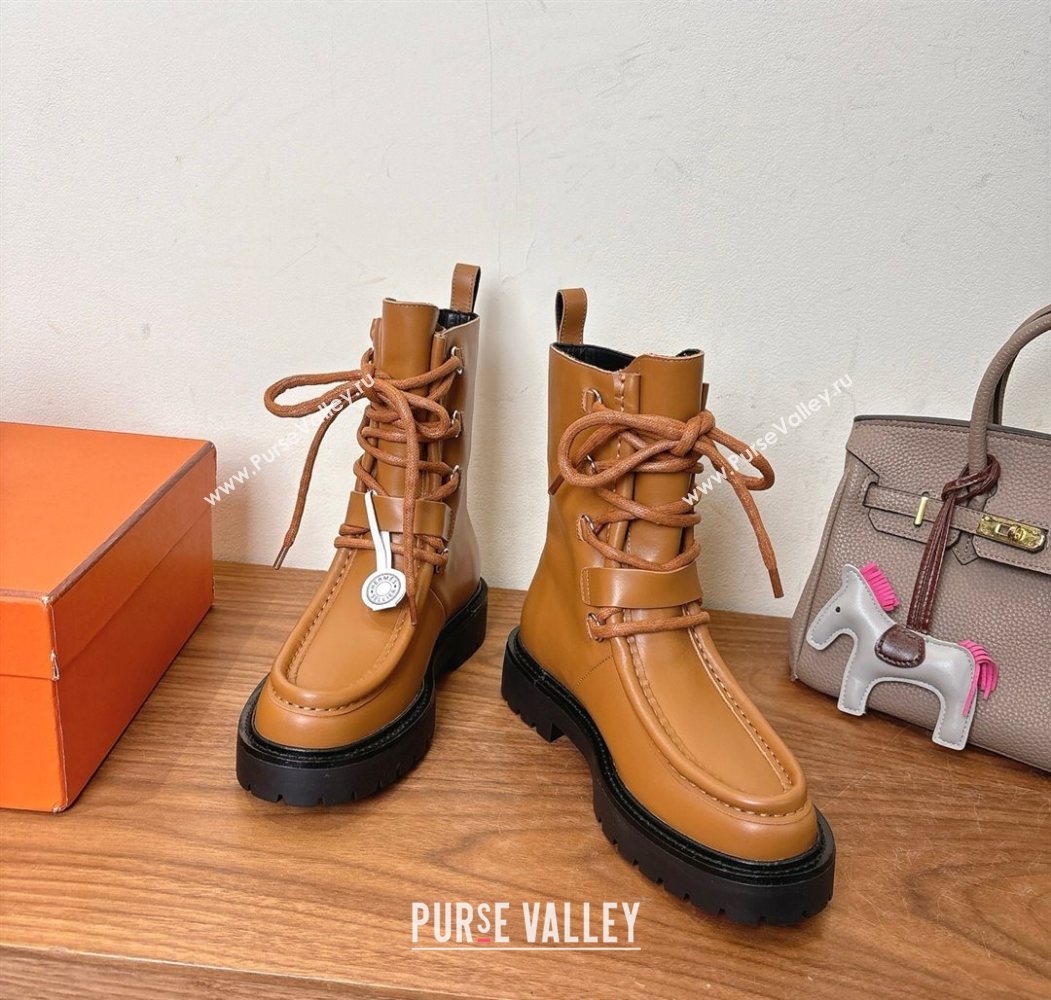 Hermes Land Biker Laced-up Ankle Boots in Calfskin Leather with Buckle Strap Brown 2025 (XC-251023045)