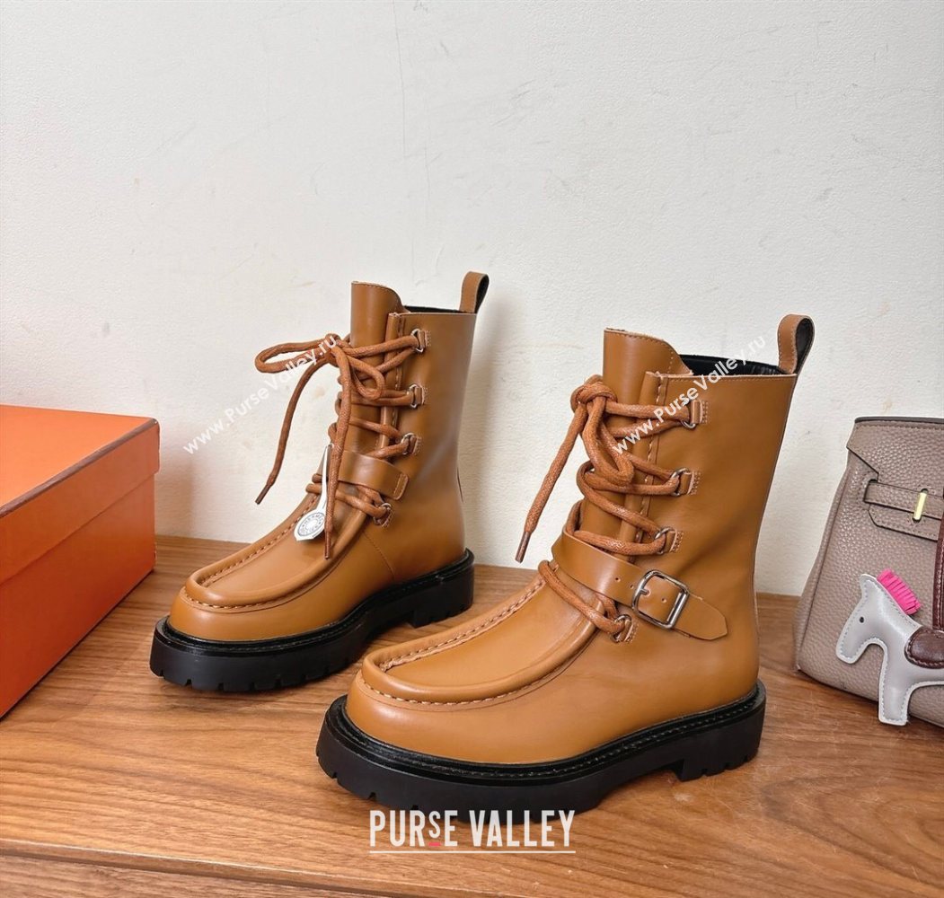 Hermes Land Biker Laced-up Ankle Boots in Calfskin Leather with Buckle Strap Brown 2025 (XC-251023045)