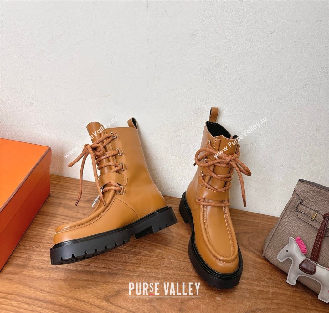 Hermes Land Biker Laced-up Ankle Boots in Calfskin Leather with Buckle Strap Brown 2025 (XC-251023045)