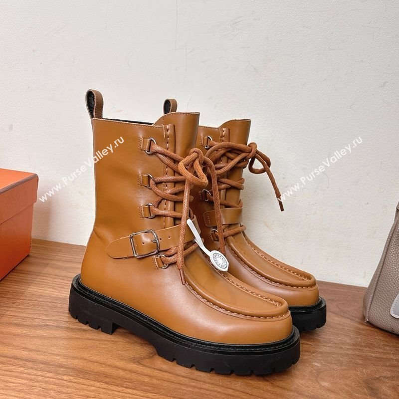 Hermes Land Biker Laced-up Ankle Boots in Calfskin Leather with Buckle Strap Brown 2025 (XC-251023045)