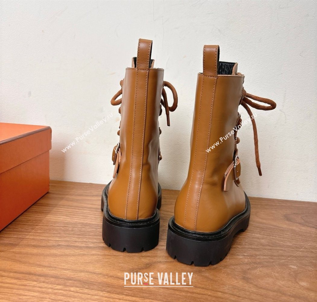 Hermes Land Biker Laced-up Ankle Boots in Calfskin Leather with Buckle Strap Brown 2025 (XC-251023045)