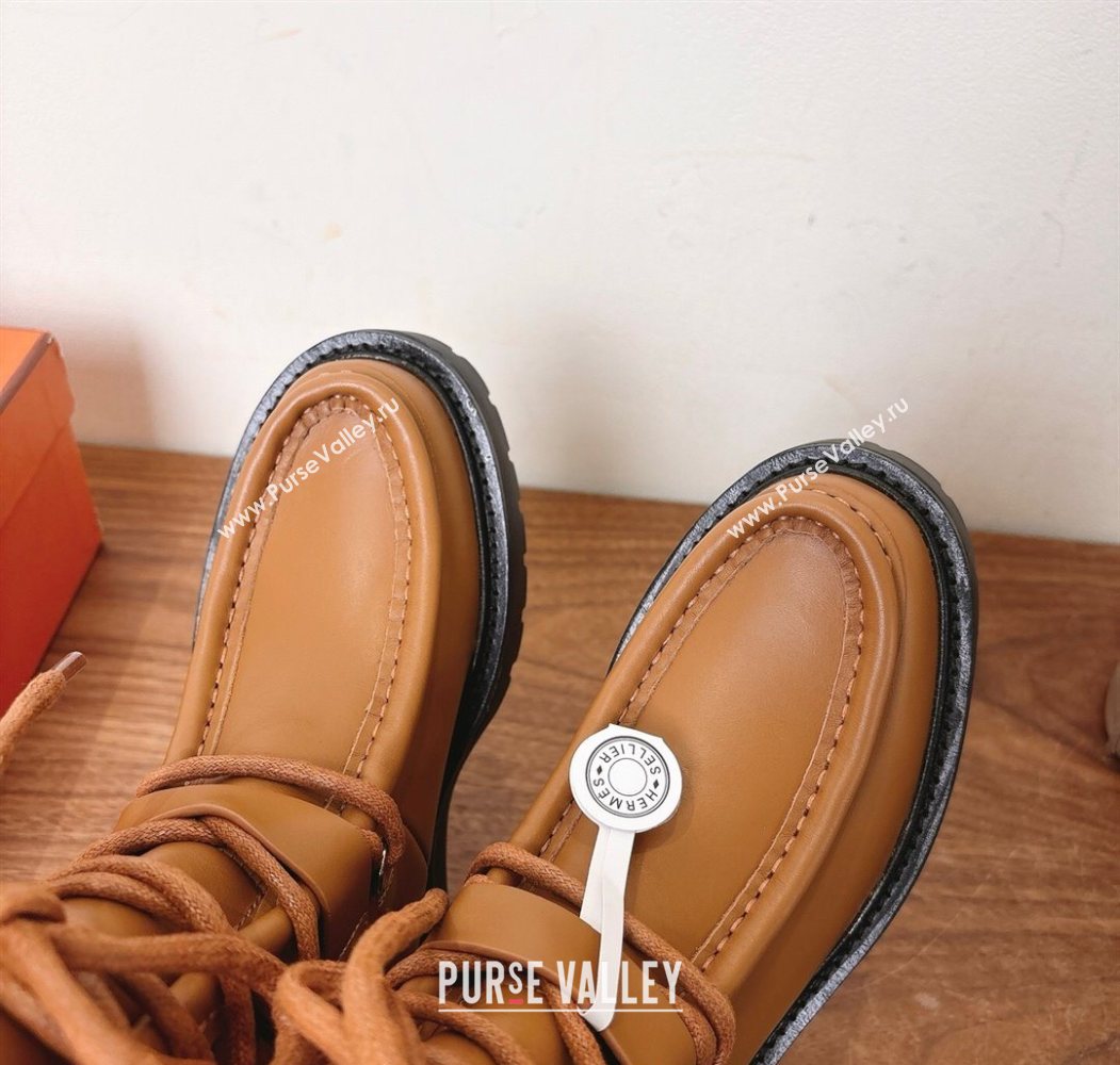 Hermes Land Biker Laced-up Ankle Boots in Calfskin Leather with Buckle Strap Brown 2025 (XC-251023045)