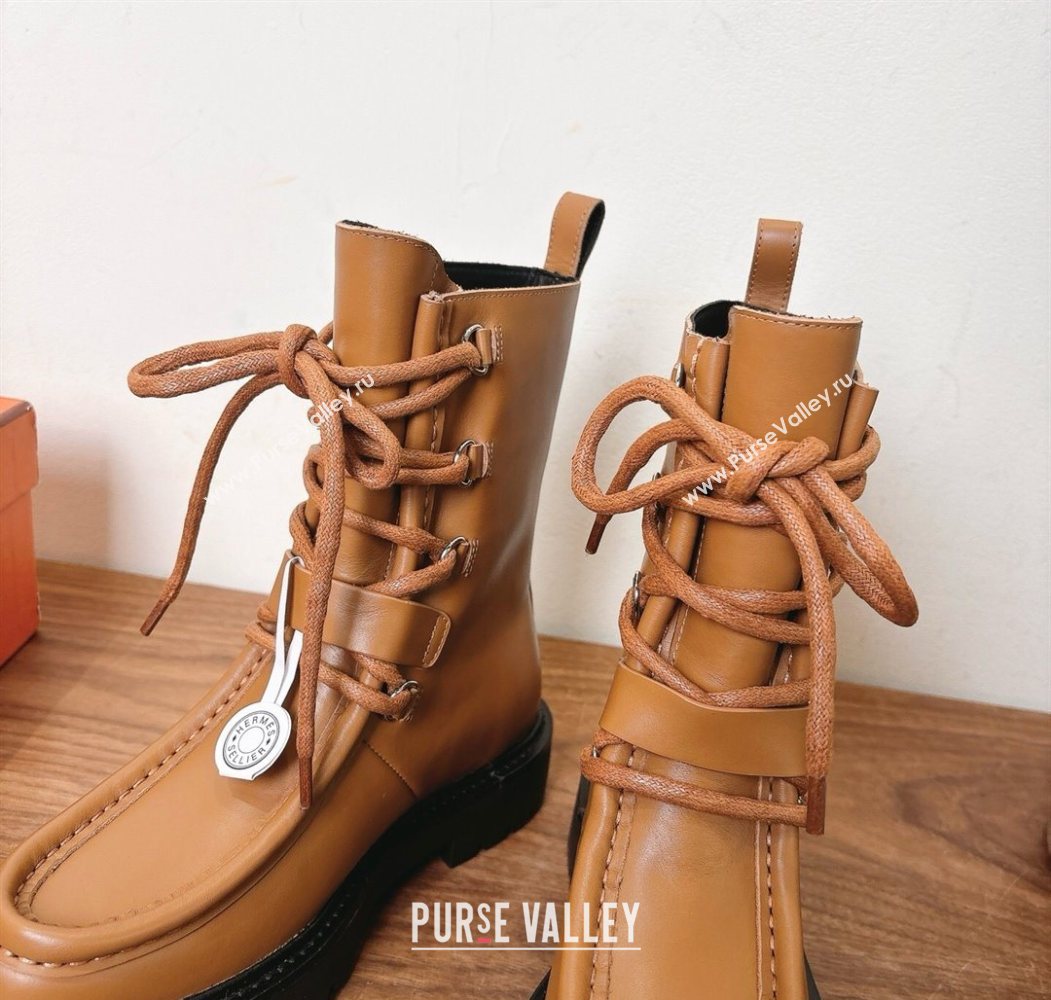 Hermes Land Biker Laced-up Ankle Boots in Calfskin Leather with Buckle Strap Brown 2025 (XC-251023045)