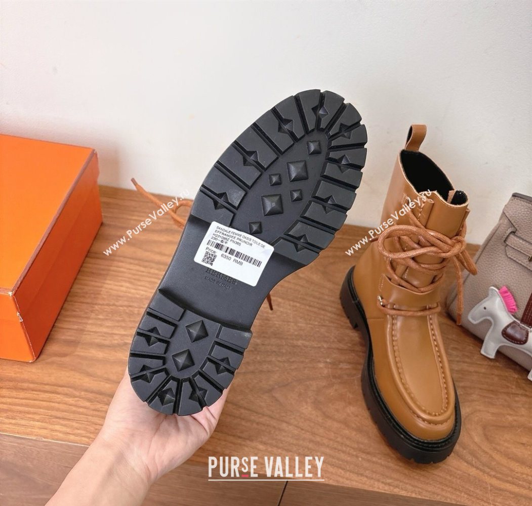 Hermes Land Biker Laced-up Ankle Boots in Calfskin Leather with Buckle Strap Brown 2025 (XC-251023045)