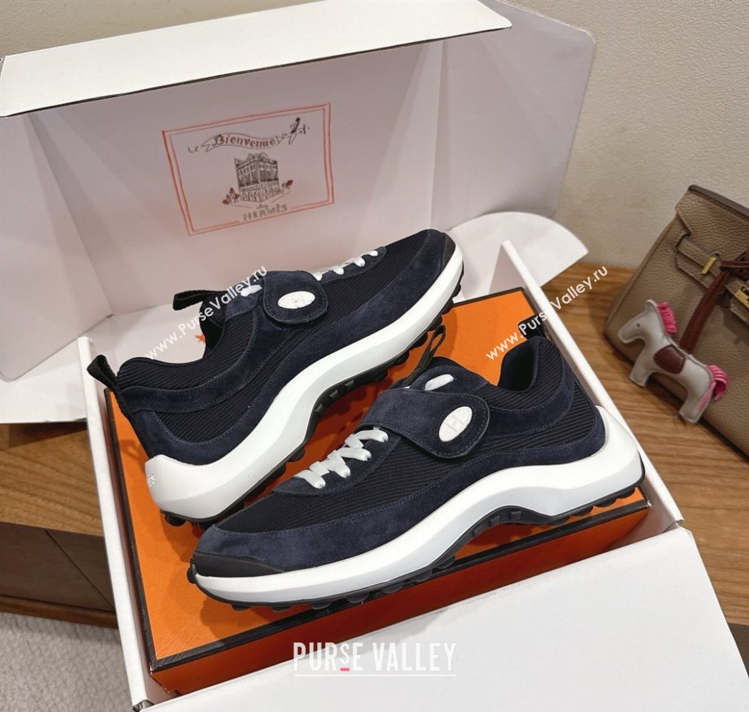Hermes Loop Sneakers in Suede and Knit Mesh with Strap Dark Blue 2025 1023 (XC-251023024)