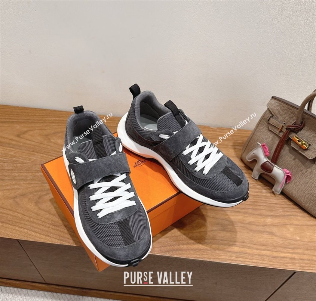 Hermes Loop Sneakers in Suede and Knit Mesh with Strap Dark Grey 2025 1023 (XC-251023026)